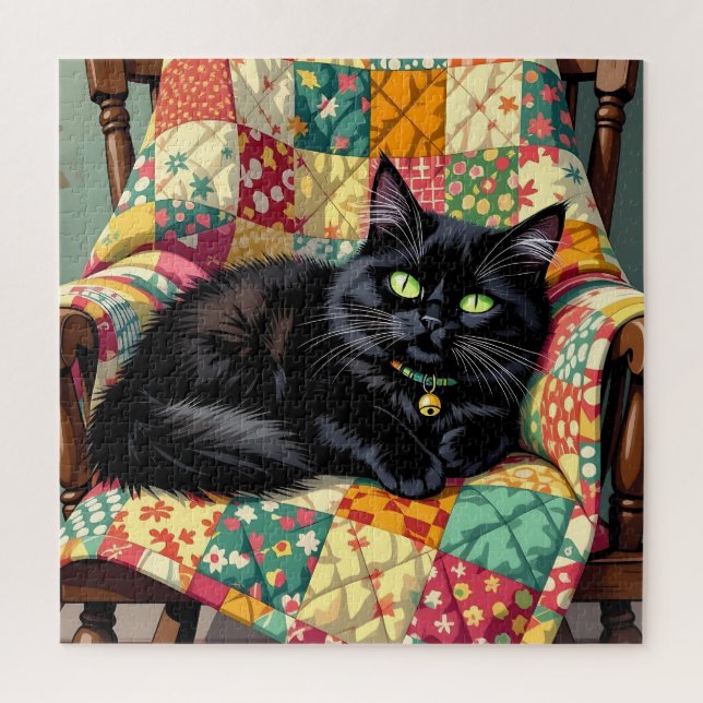 Puzzle Chat noir mignon sur chaise à rocher (Vertical)