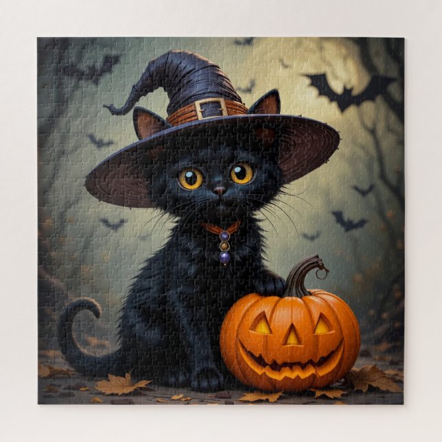 Puzzle Chat noir portant un chapeau de sorcière (Vertical)