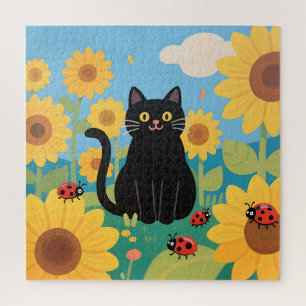Puzzle Chat noir tournesols coccinelles
