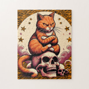 Puzzle Chat orange vengeur, crânes et lune