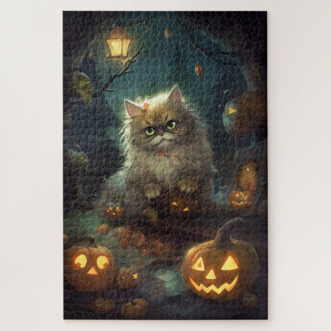 Puzzle Chat perse d'Halloween avec effroi Citrouille (Vertical)