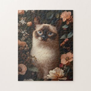 Puzzle Chat Siamois Entouré De Fleurs Roses Bruyantes