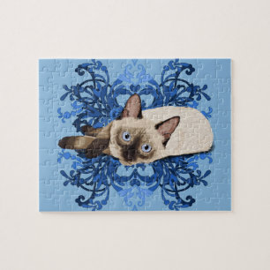 Puzzle Chat siamois floral bleu élégant assez félin
