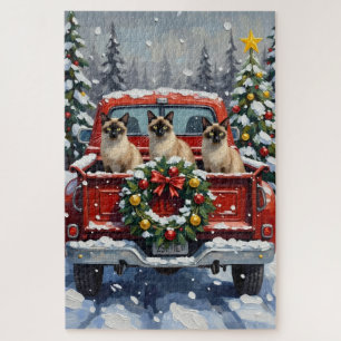 Puzzle Chat siamois Noël camion rouge Fêtes