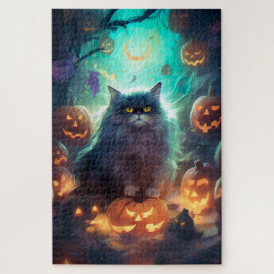 Puzzle Chat Sibérien D'Halloween Avec Peur Citrouille