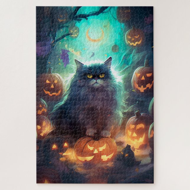 Puzzle Chat Sibérien D'Halloween Avec Peur Citrouille (Vertical)
