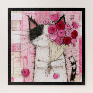 Puzzle Chat Smoking Tenant un Bouquet de Roses Roses