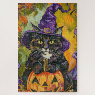 Puzzle Chat Smoking Tuxedo Halloween Sorcière et Citrouil
