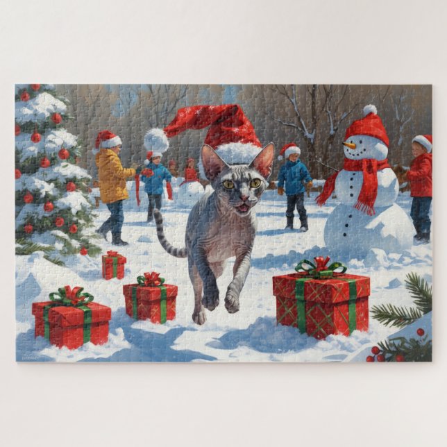 Puzzle Chat Sphynx coule dans la neige avec Casquette de  (Horizontal)