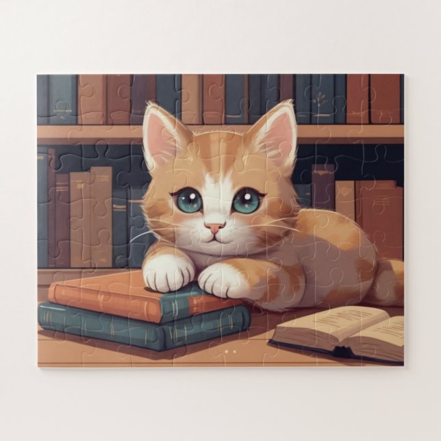 Puzzle Chat sucré allongé sur des livres (Horizontal)