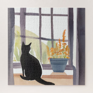 Puzzle Chat sur Appui de Fenêtre Silhouette Aquarelle