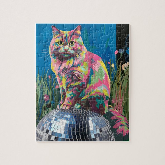 Puzzle chat sur un globe disco (Vertical)