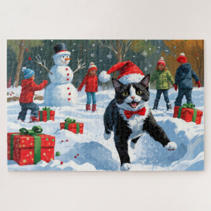 Puzzle Chat Tuxedo Courant dans la Neige avec un Chapeau 