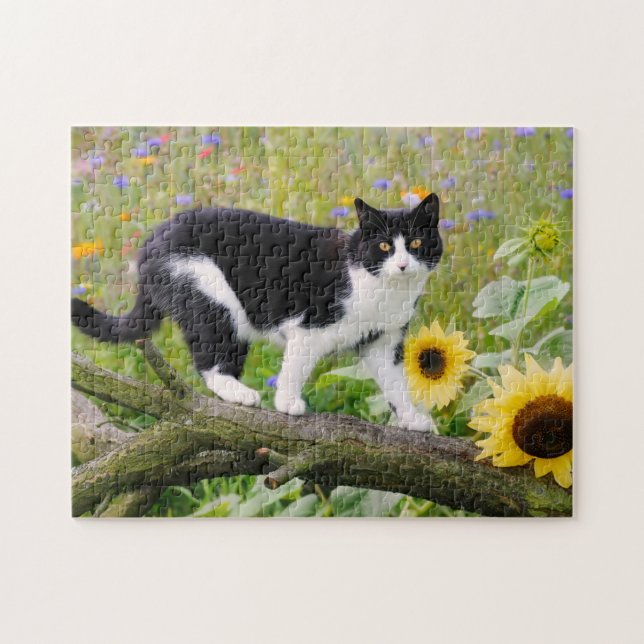 Puzzle Chat tuxedo mignon sur une branche d'arbre avec de (Horizontal)