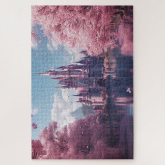 Puzzle Château de conte de fées avec des fleurs de cerisi