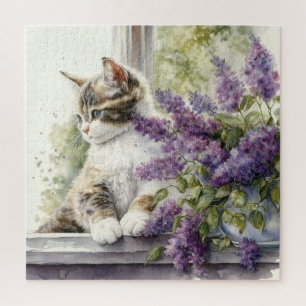 Puzzle Chaton Chat Lavande Fleurs Fenêtre Lumière du sole