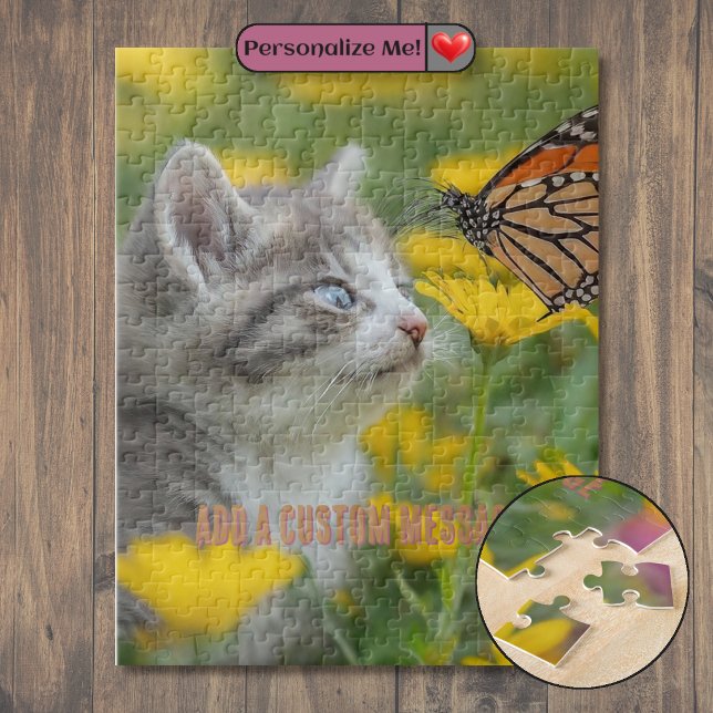 Puzzle Chaton Gris Blanc Papillon Monarque (Grey White Kitten Monarch Butterfly Jigsaw Puzzle)