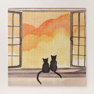 Puzzle Chats à la fenêtre   Silhouette aquarelle au couch