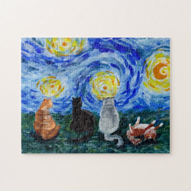 Puzzle Chats dans la nuit étoilée inspirée de peinture aq (Horizontal)