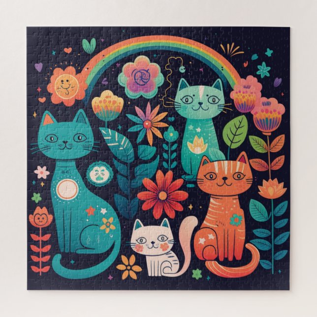 Puzzle Chats et fleurs Boho de couleur mignonne (Vertical)