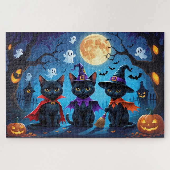 Puzzle Chats noirs Citrouille Halloween drôle (Horizontal)