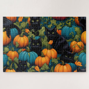 Puzzle Chats noirs dans un patch citrouille - Halloween