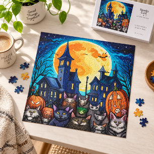Puzzle Chats noirs effrayants Village hanté Halloween Nig