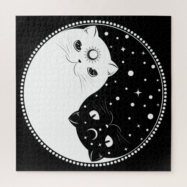Puzzle Chats noirs et blancs en caricature, signe yin yan (Vertical)