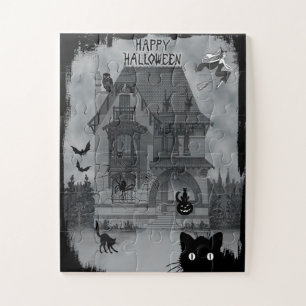 Puzzle Chats noirs sorcière et chauve-souris d'Halloween