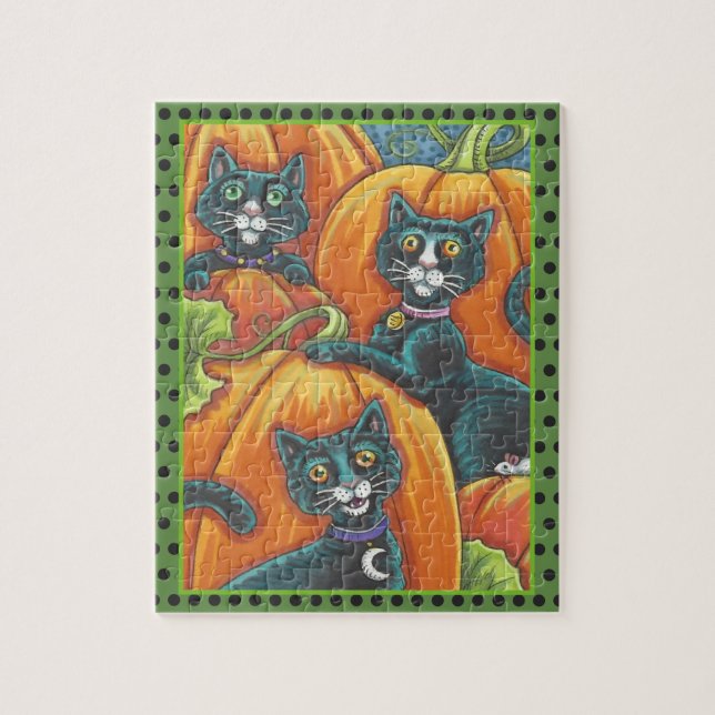 PUZZLE CHATS NOIRS, SOURIS, CITROUILLE PATCH HALLOWEEN PU (Vertical)
