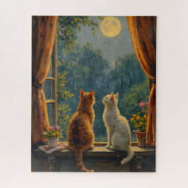 Puzzle Chats regardant la lune et la pluie