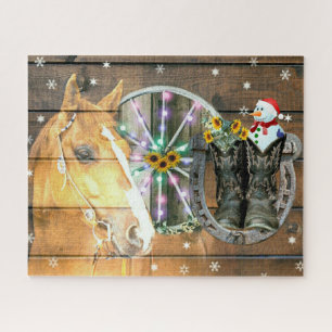 Puzzle Chaussure de Noël Wagon Roue Boots de cow-boy Hors