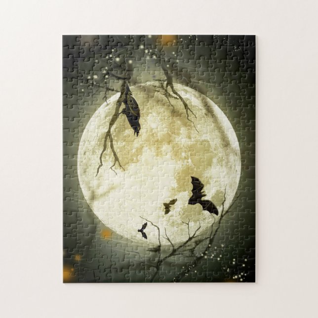 Puzzle Chauve-souris d'Halloween et Lune d'oiseaux (Vertical)