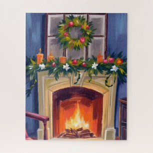 Puzzle Cheminée festive Couronne de Noël Aquarelle