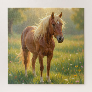 Puzzle Cheval à la crinière dorée Prairie de fleurs sauva