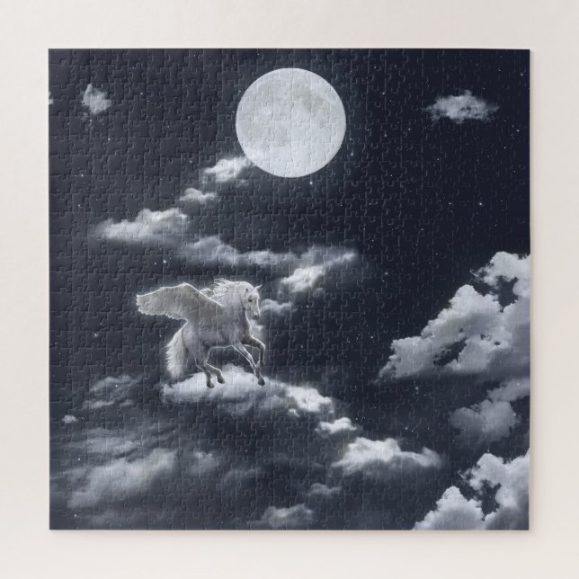 Puzzle Cheval ailé blanc : ciel illuminé par la lune. (Vertical)