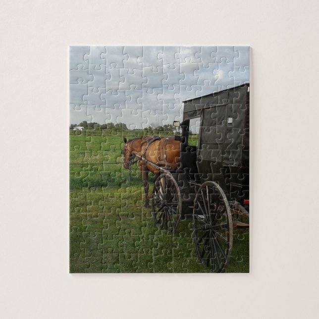 Puzzle Cheval Amish et Buggy au coucher du soleil (Vertical)