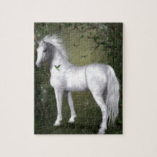 Puzzle Cheval blanc dans les bois avec des colibris