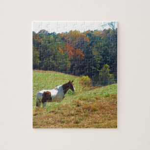 Puzzle Cheval blanc et Brown, étang d'automne