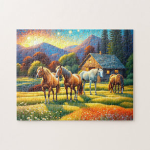 Puzzle Cheval dans la prairie de fleurs sauvages de la fe