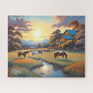 Puzzle Cheval dans la prairie de fleurs sauvages de la fe