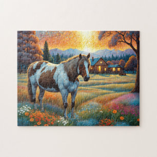 Puzzle Cheval dans la prairie de fleurs sauvages de la fe