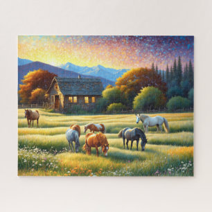 Puzzle Cheval dans la prairie de fleurs sauvages de la fe