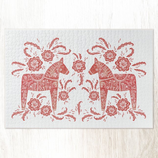 Puzzle Cheval de Dala suédois Rouge et blanc (Beautiful red and white Swedish Dala Horse folk art design jigsaw puzzle)