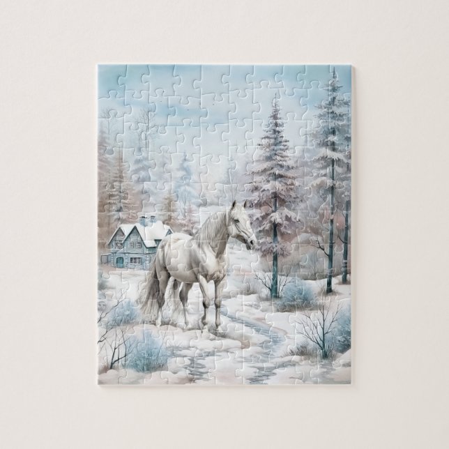 Puzzle Cheval hiver scène neige forêt Noël (Vertical)