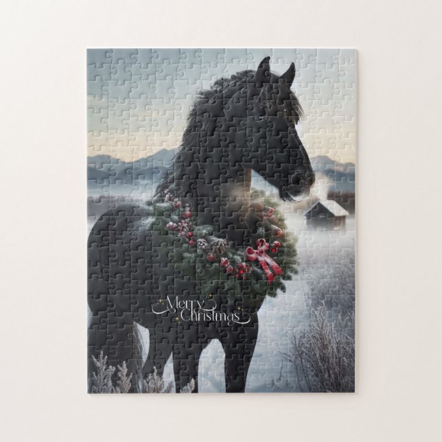 Puzzle Cheval noir dans la neige avec couronne de Noël (Vertical)