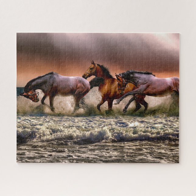 Puzzle Chevaux courir dans le Surf océanique au coucher d (Horizontal)