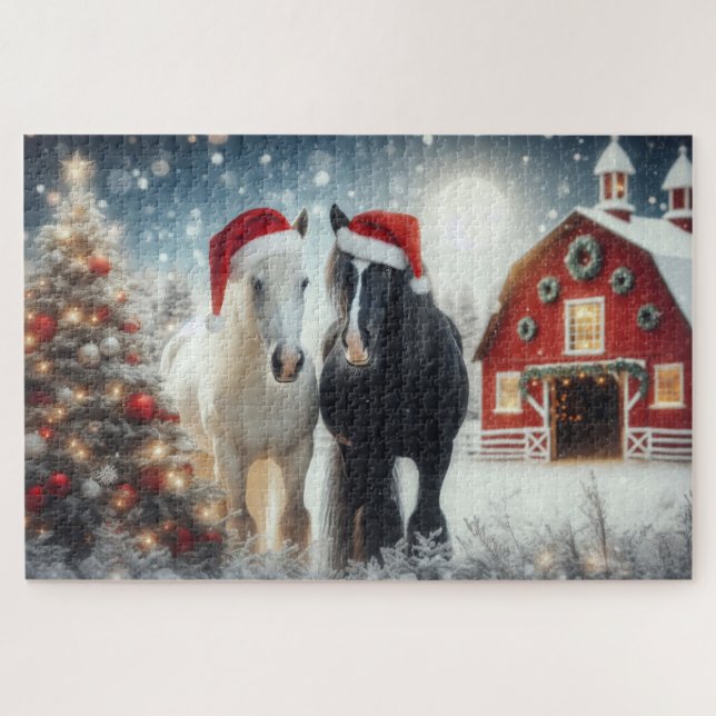 Puzzle Chevaux de Noël de Santa à la ferme (Horizontal)