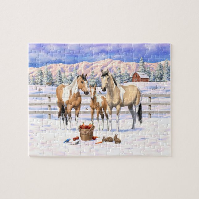Puzzle Chevaux De Peinture De Poulet De Poulet En Neige (Horizontal)