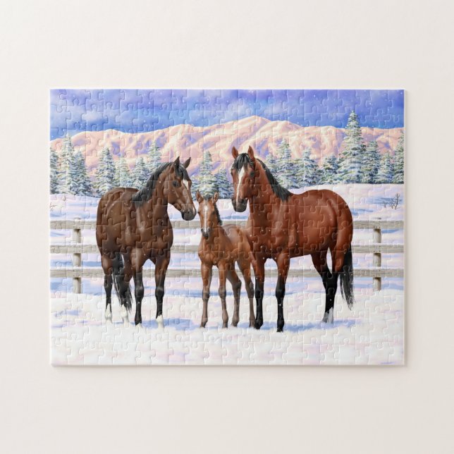 Puzzle Chevaux Du Quartier De La Baie Brown En Neige (Horizontal)